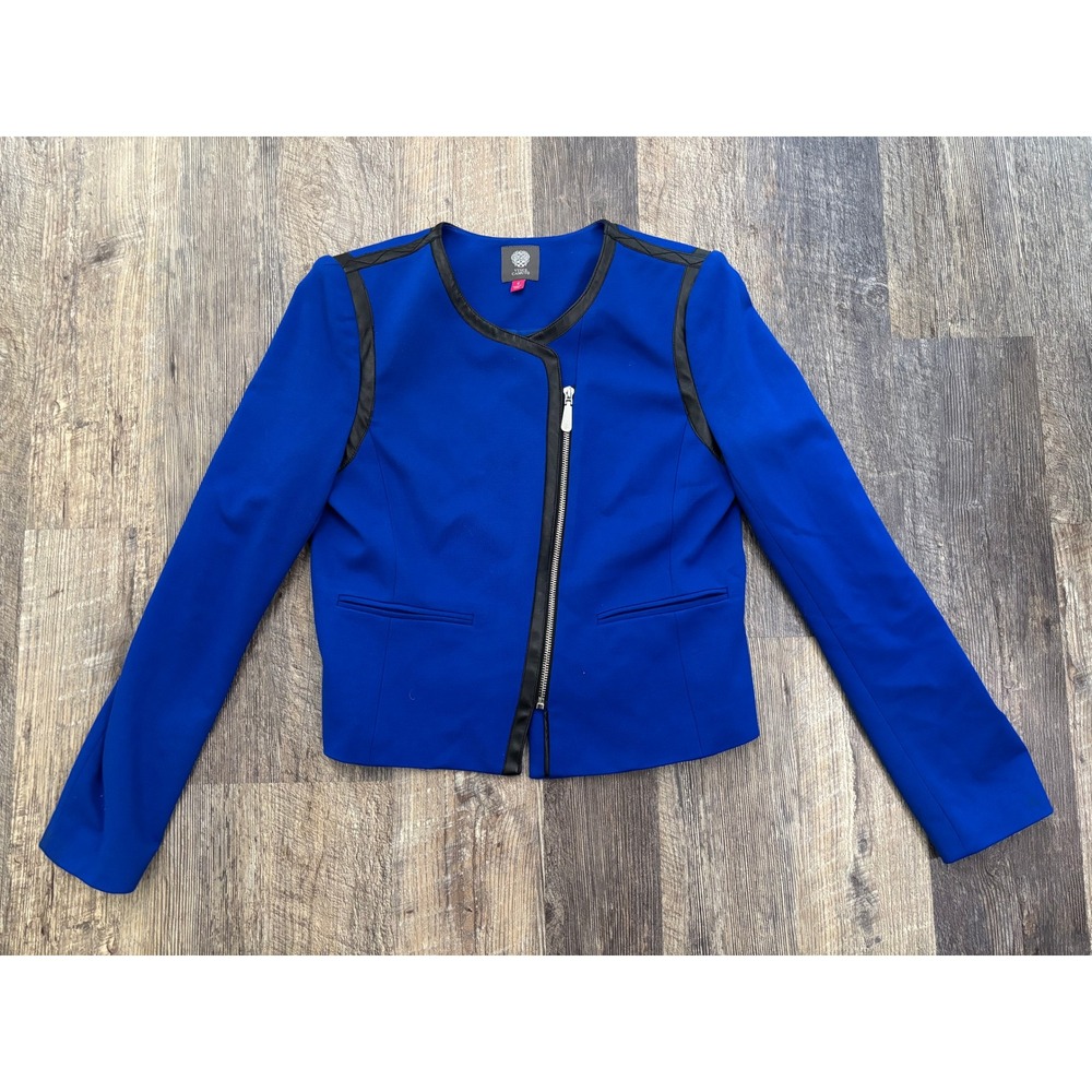 Vince Camuto Cobalt Blue Asymmetric Zip Blazer Faux Leather Trim Size 4